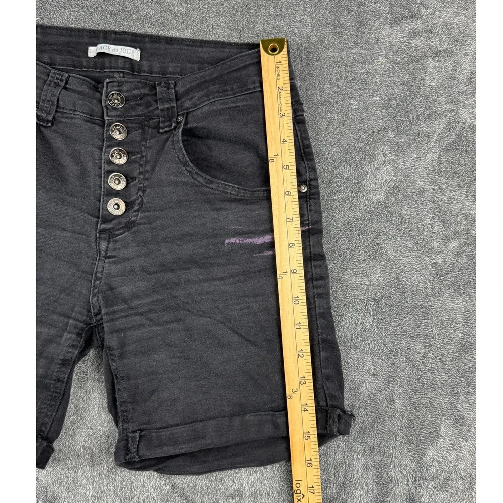 Place du Jour Black Denim Cuffed Shorts Button Fly Star Detail Size 36 Mens